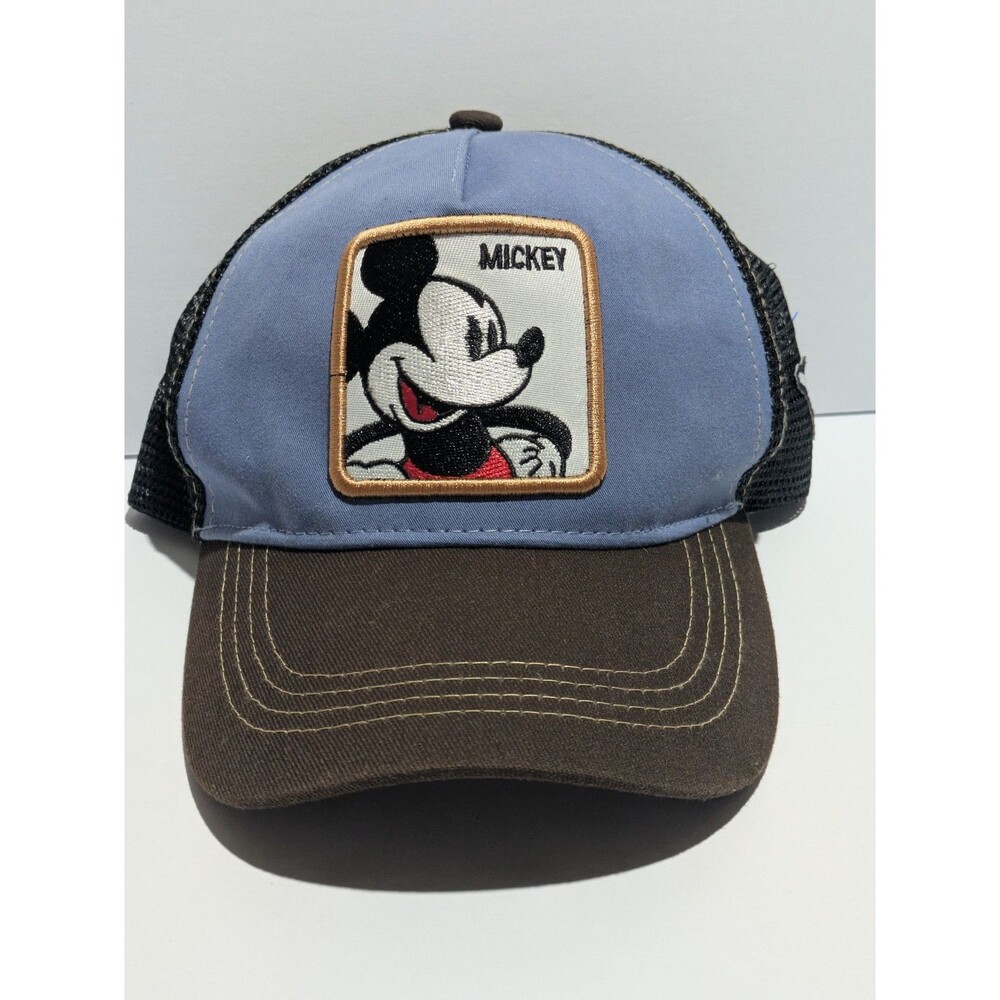 Disney Mickey Mouse Patch Trucker Hat Blue Brown Mesh Adult Snapback‎